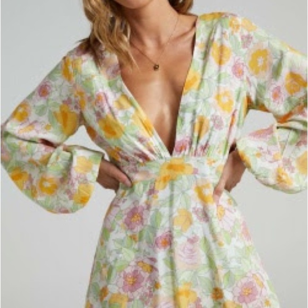 Showpo Floral Mini Dress in Yellow, Pink, Green